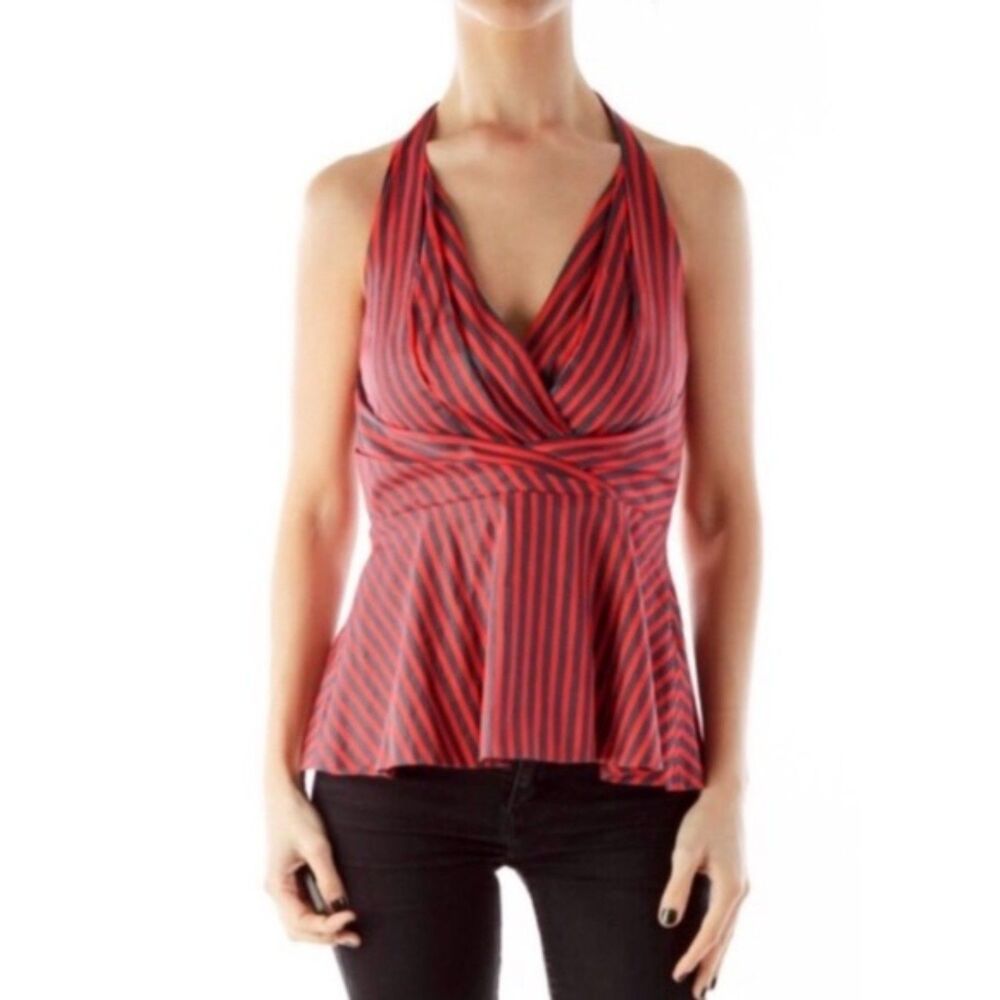 Odille Anthropologie Melosa Striped Peplum Halter Top Red Navy Size 14